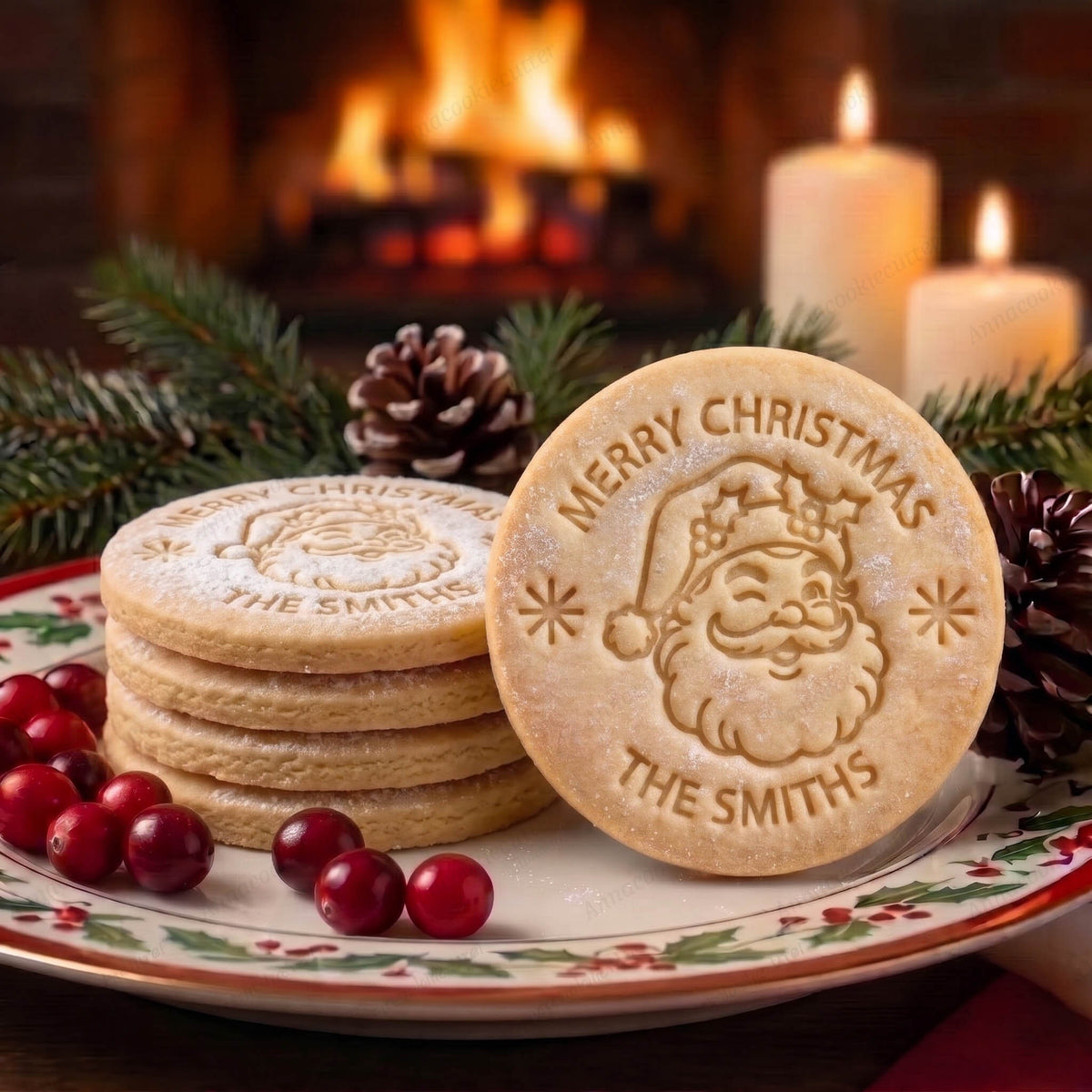 Biscotti rotondi su un piatto natalizio, con Babbo Natale, agrifoglio e personalizzazione The Smiths