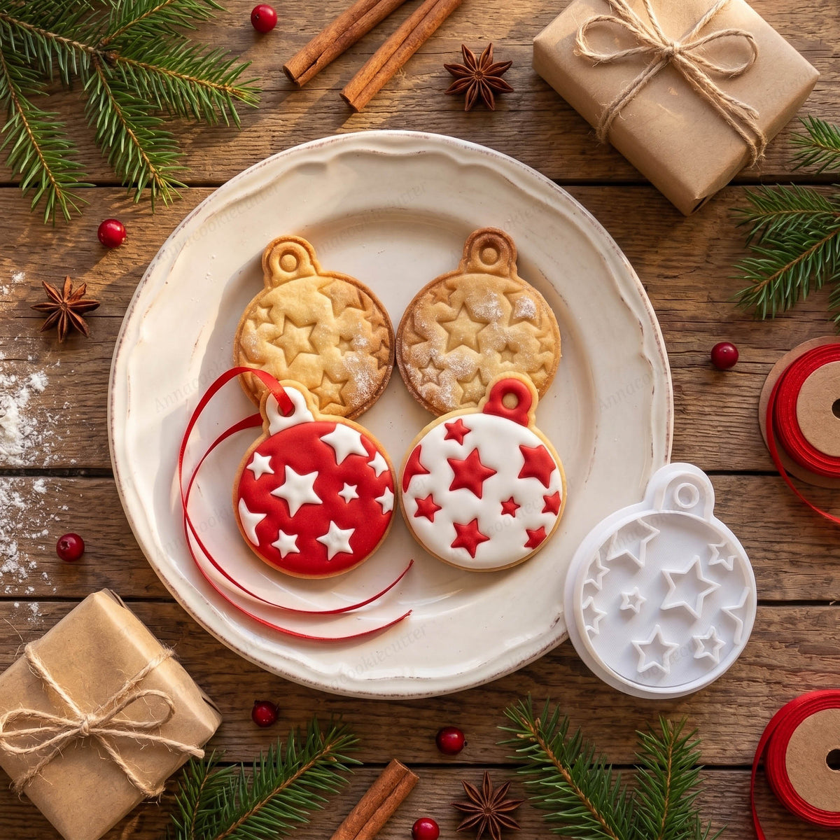 Biscotti a forma di pallina di Natale con stelle, decorati in rosso e bianco, con timbro accanto.