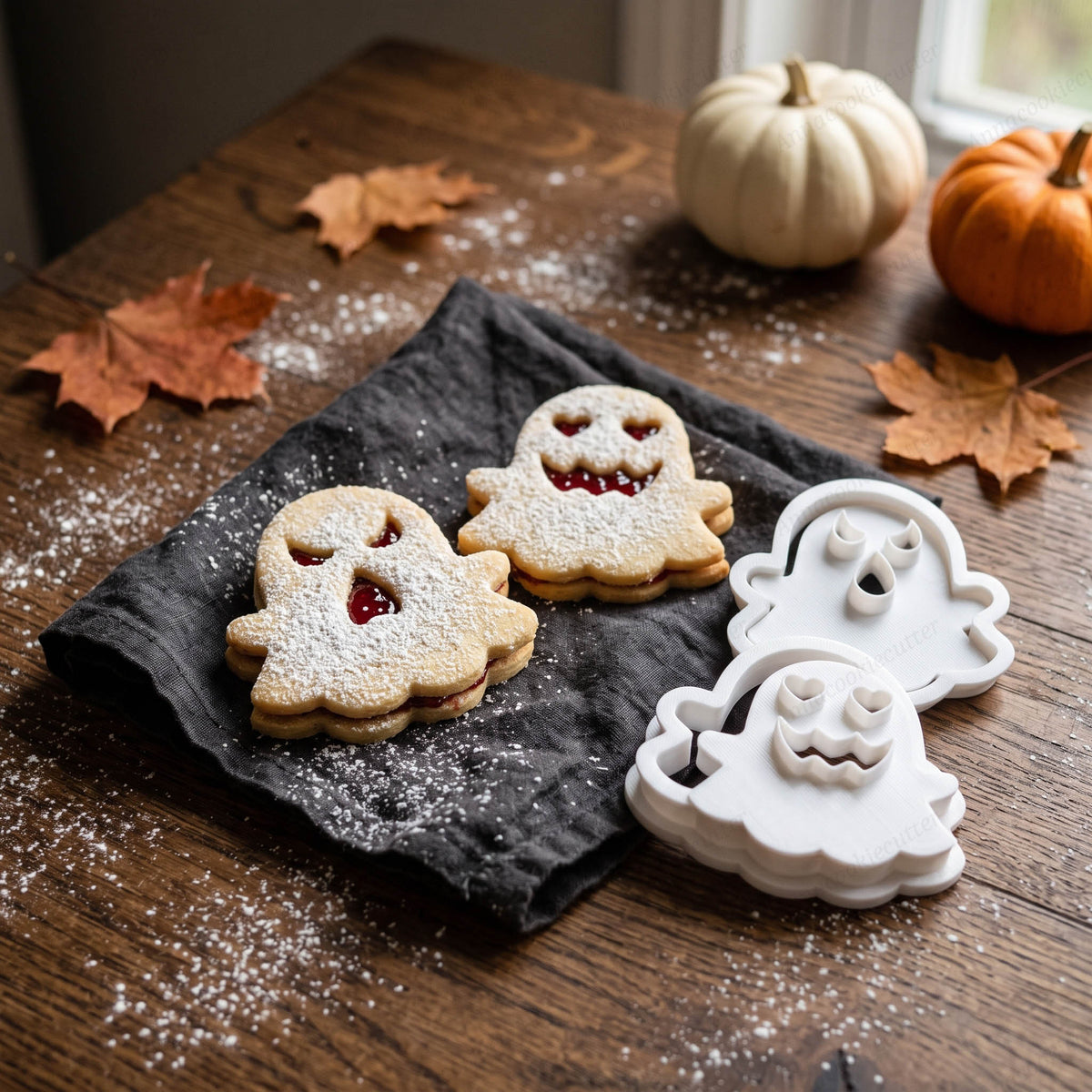Biscotti fantasma farciti con espressione arrabbiata e bocca a zig-zag, accanto agli stampi.