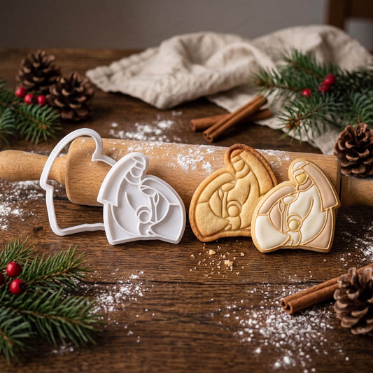Tagliabiscotti e timbro Presepe con biscotti della Natività, semplice e decorato con glassa bianca.