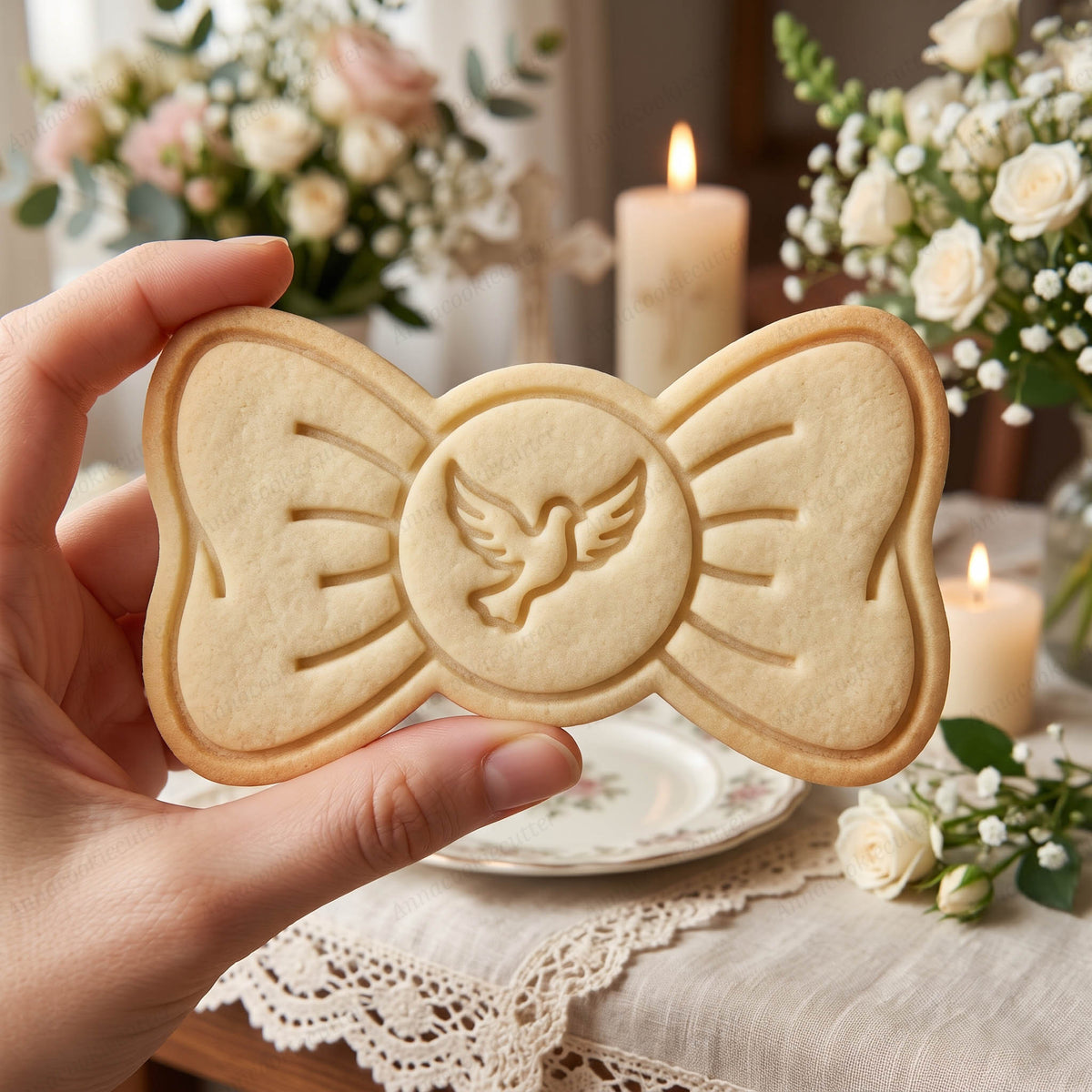 Biscotto a forma di fiocco con colomba impressa al centro, tenuto in mano con fiori e candele sullo sfondo.
