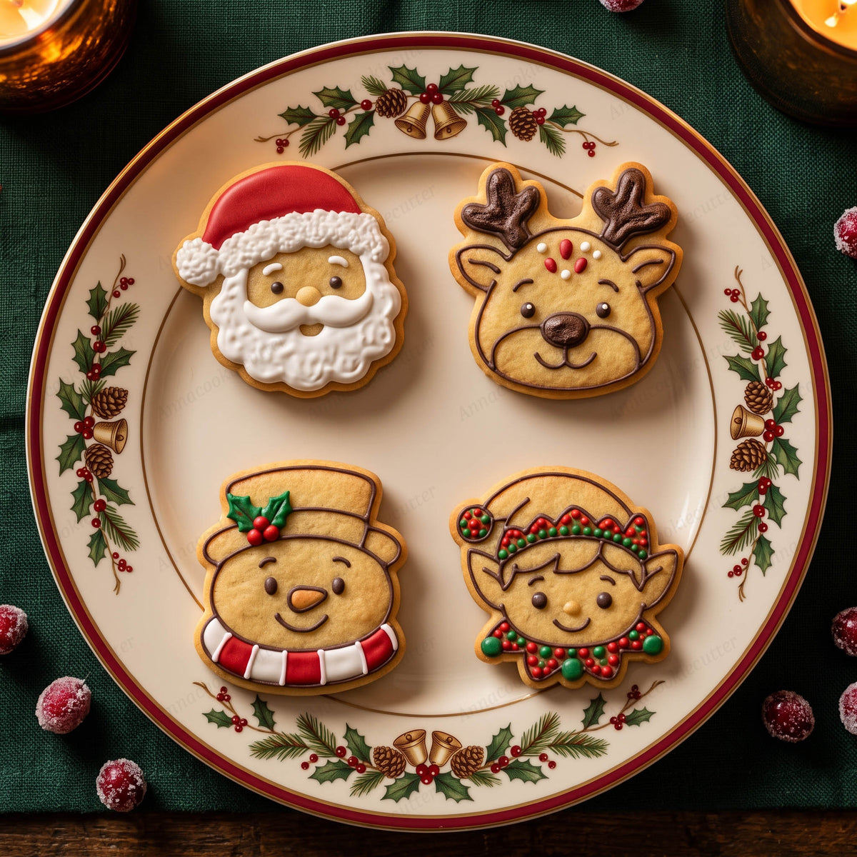 Quattro biscotti natalizi decorati a forma di Babbo Natale, renna, pupazzo di neve ed elfo su un piatto festivo