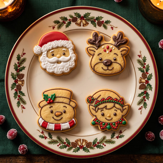 Quattro biscotti natalizi decorati a forma di Babbo Natale, renna, pupazzo di neve ed elfo su un piatto festivo