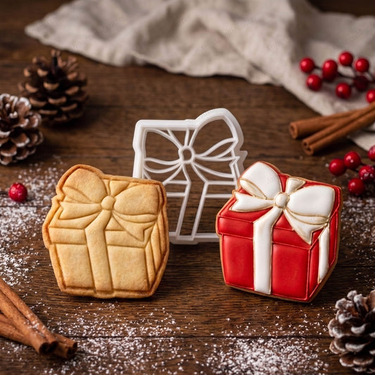 Tagliabiscotti bianco a forma di pacco regalo con fiocco, accanto a un biscotto naturale e uno decorato in rosso e bianco.
