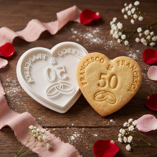 Timbro a cuore personalizzato con Francesco e Francesca, numero 50 e fedi intrecciate, accanto al biscotto realizzato.
