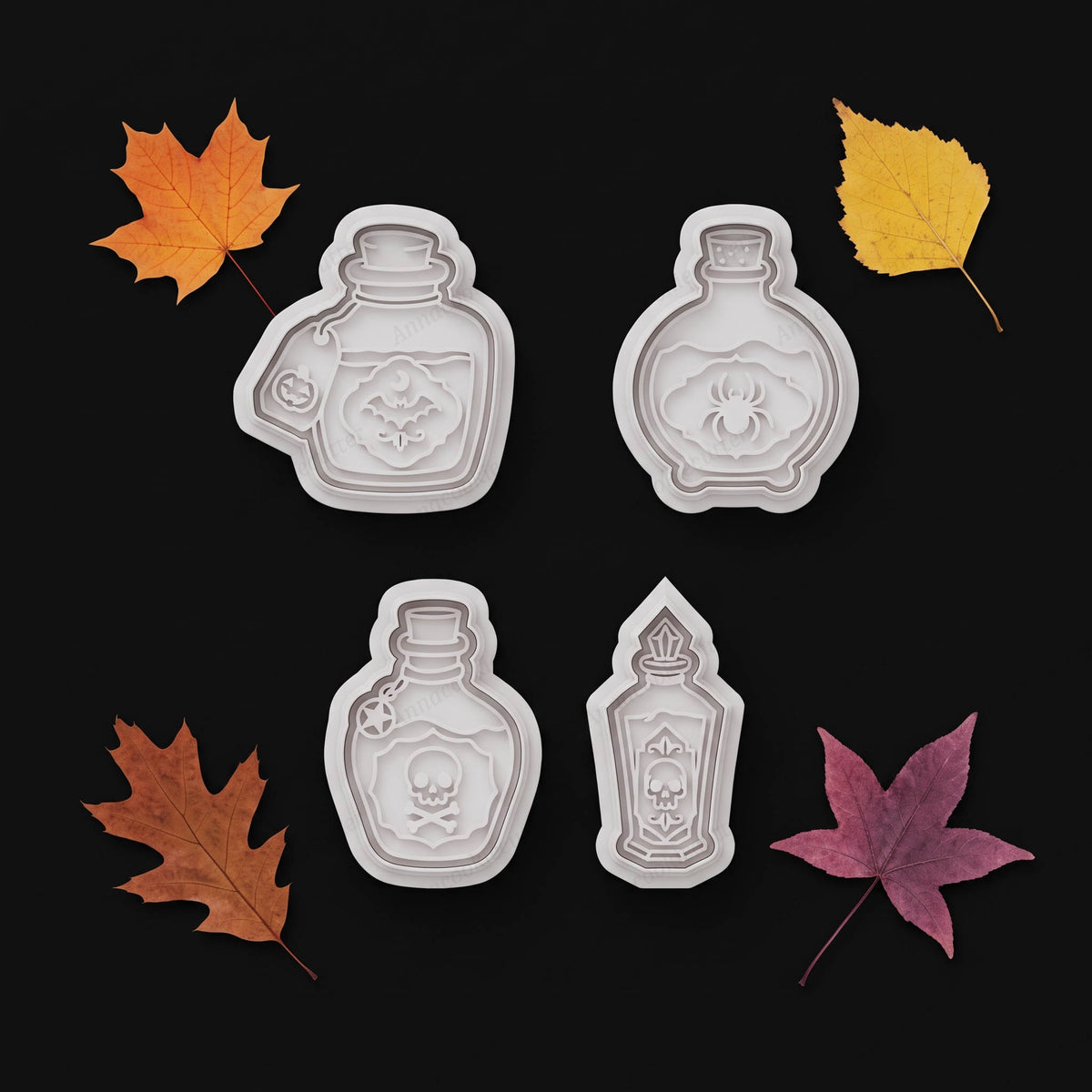 Set 4 tagliabiscotti bottiglie pozione Halloween con timbro in PLA alimentare 